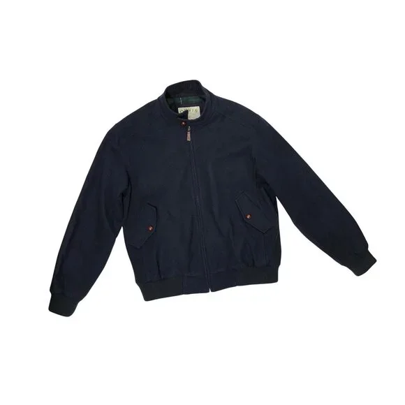 Orvis Jacket Navy Blue Wool Blend Bomber Mens L Tartan Plaid Lining Button Coat
